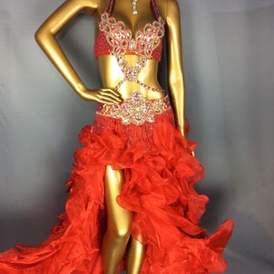 Women's Red Beaded Halter Top Ruffled Skirt Belly Dance Costume