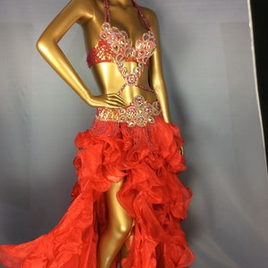 Women's Red Beaded Halter Top Ruffled Skirt Belly Dance Costume