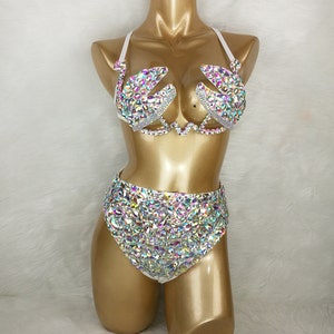 Rhinestone High-Waisted Bikini Set for Women, Iridescent Crystal Embellished, White, Two-Piece Rave Dancewear