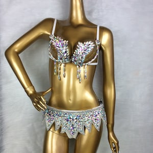Dancewear Women's White Iridescent Crystal Rhinestone Bra and Skirt Set, Burlesque Dance