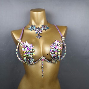 Crystal Flower Bra & Necklace Set - Women's Iridescent Embellished Belly Dance Costume