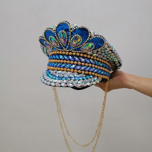 Women's Blue Sequin & Iridescent Gem Embellished Captain Hat with Gold Chains, Festival Dance