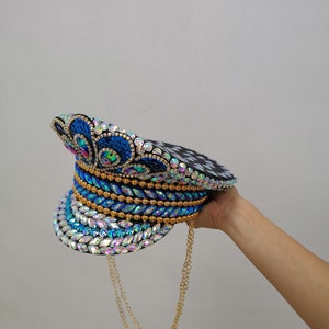 Women's Blue Sequin & Iridescent Gem Embellished Captain Hat with Gold Chains, Festival Dance