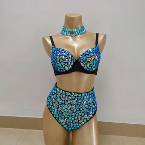 Dance Bra & High-Waisted Briefs Set Women's Blue & Teal Iridescent Rhinestone Embellished, Choker Included, Belly Dance/Carnival/Rave