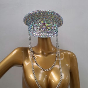 Dancing Hat Adult Iridescent Rhinestone Chain Military Cap Rave Festival