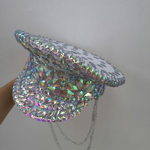 Dancing Hat Adult Iridescent Rhinestone Chain Military Cap Rave Festival