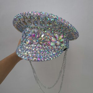 Dancing Hat Adult Iridescent Rhinestone Chain Military Cap Rave Festival