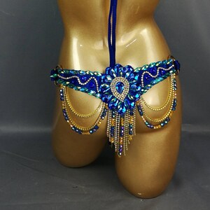 Belly Dance Hip Scarf, Women's Blue & Gold Beaded Crystal Rhinestone Tassel Belt, Tribal Fusion Dance Costume Accessory