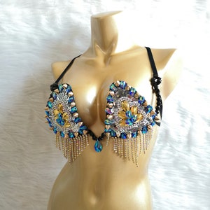 Women's Blue Sequin and Rhinestone Bra Top and High-Waisted Bottoms Set with Fringe Details for Rave Dance