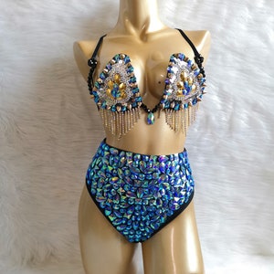 Women's Blue Sequin and Rhinestone Bra Top and High-Waisted Bottoms Set with Fringe Details for Rave Dance