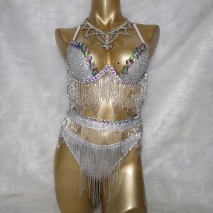 Women's White Sequin Fringe Rhinestone Bra Top and Bikini Bottom Set, Dance Costume