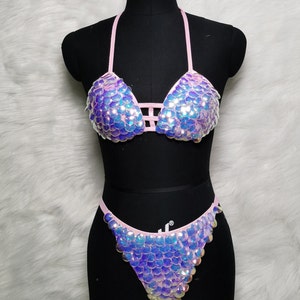 Bikini Set Women's Pink Iridescent Sequin Scale Halter Top and High-Cut Bottoms, Mermaid Rave Dancewear