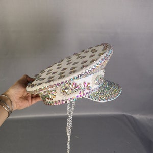 Women's White Iridescent Rhinestone Sequin Embellished Captain Hat with Chain