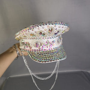 Women's White Iridescent Rhinestone Sequin Embellished Captain Hat with Chain
