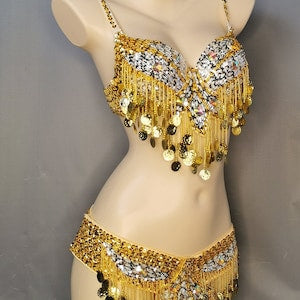 Belly Dance Bra and Belt Set, Women's Gold & Silver Sequin Coin Fringe, Tribal Dance Costume
