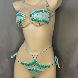 Women's Aqua Sequin & Pearl Beaded Halter Bikini Set with Rhinestone Accents, Belly Dance/Burlesque