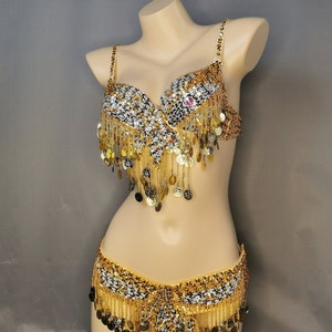 Belly Dance Bra and Belt Set, Women's Gold & Silver Sequin Coin Fringe, Tribal Dance Costume
