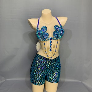 Dance Costume Women's Blue Sequin Peacock Feather Halter Bra Top and Teal Gemstone Shorts Set