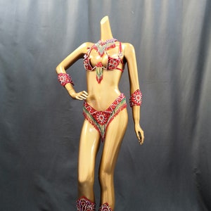 Women's Red & Green Beaded Rhinestone Fringe Samba Carnival Dance Costume Set