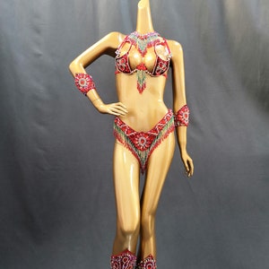 Women's Red & Green Beaded Rhinestone Fringe Samba Carnival Dance Costume Set