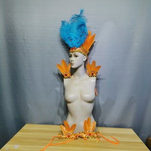 Carnival Headdress and Shoulder Pieces, Blue and Orange Feathered Sequin Embellished Dance Costume Set