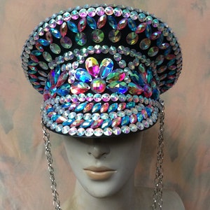 Dance Captain Hat, Adult Unisex, Iridescent Multi-Color Rhinestone Embellished, Black Visor with Chains
