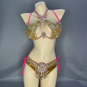 Bikini Set Women's Gold & Pink Rhinestone Embellished Halter Bikini Top & Side-Tie Bottoms for Carnival Dance