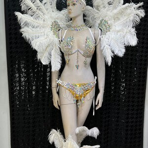 Women's White & Gold Rhinestone Feather Carnival Dance Costume