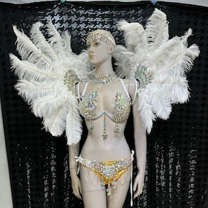 Women's White & Gold Rhinestone Feather Carnival Dance Costume