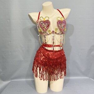Dance Costume Women's Red Sequin Fringe Heart Rhinestone Halter Bra and Shorts Set