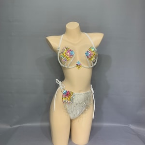Rhinestone Fringe Two-Piece Set, Women's White Rainbow Crystal Embellished Halter Bra Top and High-Cut Bottom with Side Ties, Latin Dancewear