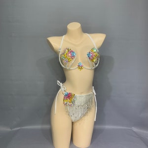 Rhinestone Fringe Two-Piece Set, Women's White Rainbow Crystal Embellished Halter Bra Top and High-Cut Bottom with Side Ties, Latin Dancewear