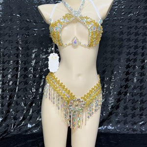 Women's Gold & Iridescent Crystal Halter Top & Hip Scarf Set, Belly Dance Costume