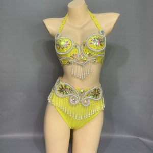 Belly Dance Costume, Women's Yellow Sequin & Pearl Embellished Halter Bra Top and High-Waisted Briefs Set, Latin Dance