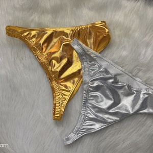 Dance Bottoms Women Gold Silver Metallic Ruched Sides High Cut Thong Bikini Bottoms for Pole Dance