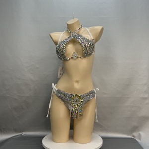 Women's Silver Sequin & Rhinestone Halter Neck Two-Piece Dancewear Set, Latin/Salsa
