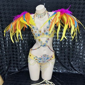 Carnival Dancewear Women's Multicolor Feathered & Bejeweled Yellow Bra Top and Belt Set with Headpiece, Belly Dance Costume