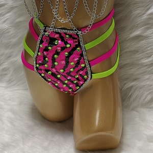 Dance Bottoms Women's Pink Neon Green Sequin Zebra Print Rhinestone Chain Detail High-Waisted Rave Shorts