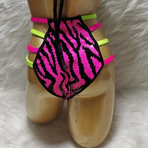 Dance Bottoms Women's Pink Neon Green Sequin Zebra Print Rhinestone Chain Detail High-Waisted Rave Shorts