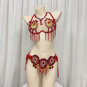 Belly Dance Costume Women's Red & Gold Beaded Crystal Rhinestone Halter Top & Hip Scarf Set, Tribal Fusion Dancewear