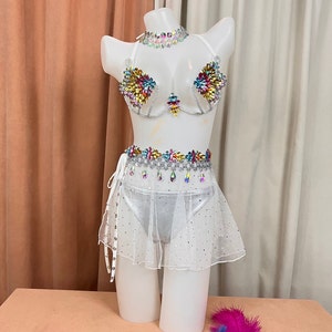Women's White Iridescent Gemstone Embellished Bra Top & Sheer Skirt Set - Samba Dancewear