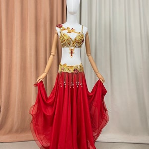 Belly Dance Costume Women Red Gold Sequin Beaded Bra Belt Skirt Set Chiffon Performance Outfit