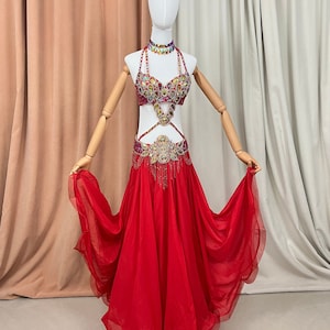 Belly Dance Costume Women Red Embellished Chiffon Halter Bra and Skirt Set