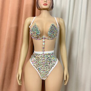 Women's White Iridescent Crystal Embellished Two-Piece Lyrical Dance Costume - Bra Top and High-Waist Briefs