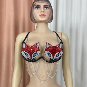 Sequin Fox Pasties Bra with Chains, Women's Red Beaded Festival Dance Top