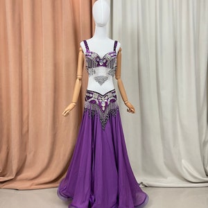 Belly Dance Costume Women's Purple Sequin Beaded Fringe Bra and Skirt Set, Chiffon Performance Outfit