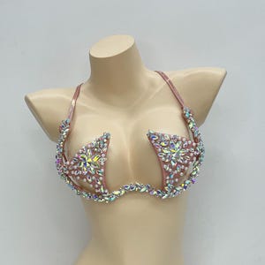 Dancing Bra Women's Pink Rhinestone Beaded Halter Top Open Cup Rave Dancewear