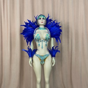 Carnival Dance Costume Women's Blue Feathered & Embellished Sequin Mardi Gras Samba Showgirl Outfit