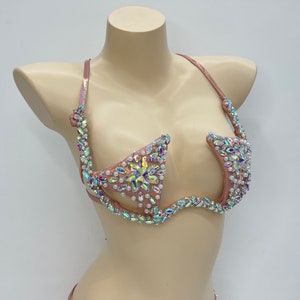 Dancing Bra Women's Pink Rhinestone Beaded Halter Top Open Cup Rave Dancewear