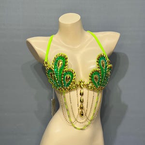 Dance Bra Top, Women's Green & Gold Sequin Beaded Halter, Carnival Samba Salsa Latin